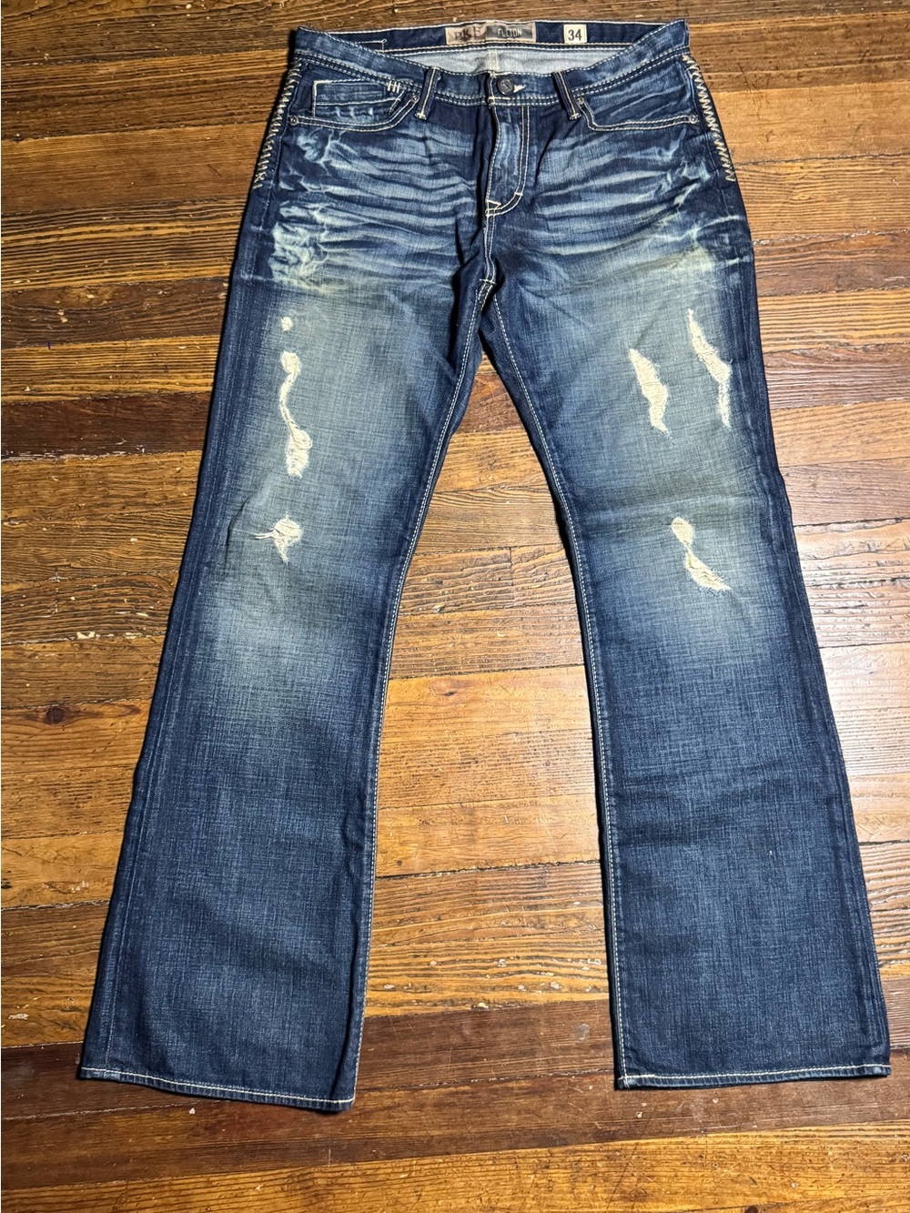 BKE Buckle Fulton Jeans Men 34x31 Blue Bootcut Stretch Denim Whiskered Dark Wash